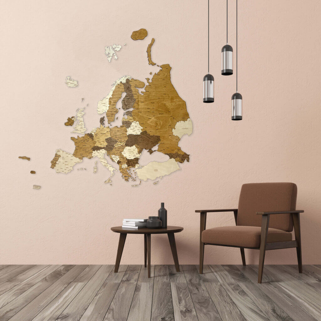 3D drevená mapa Európy - dekorácia na stenu