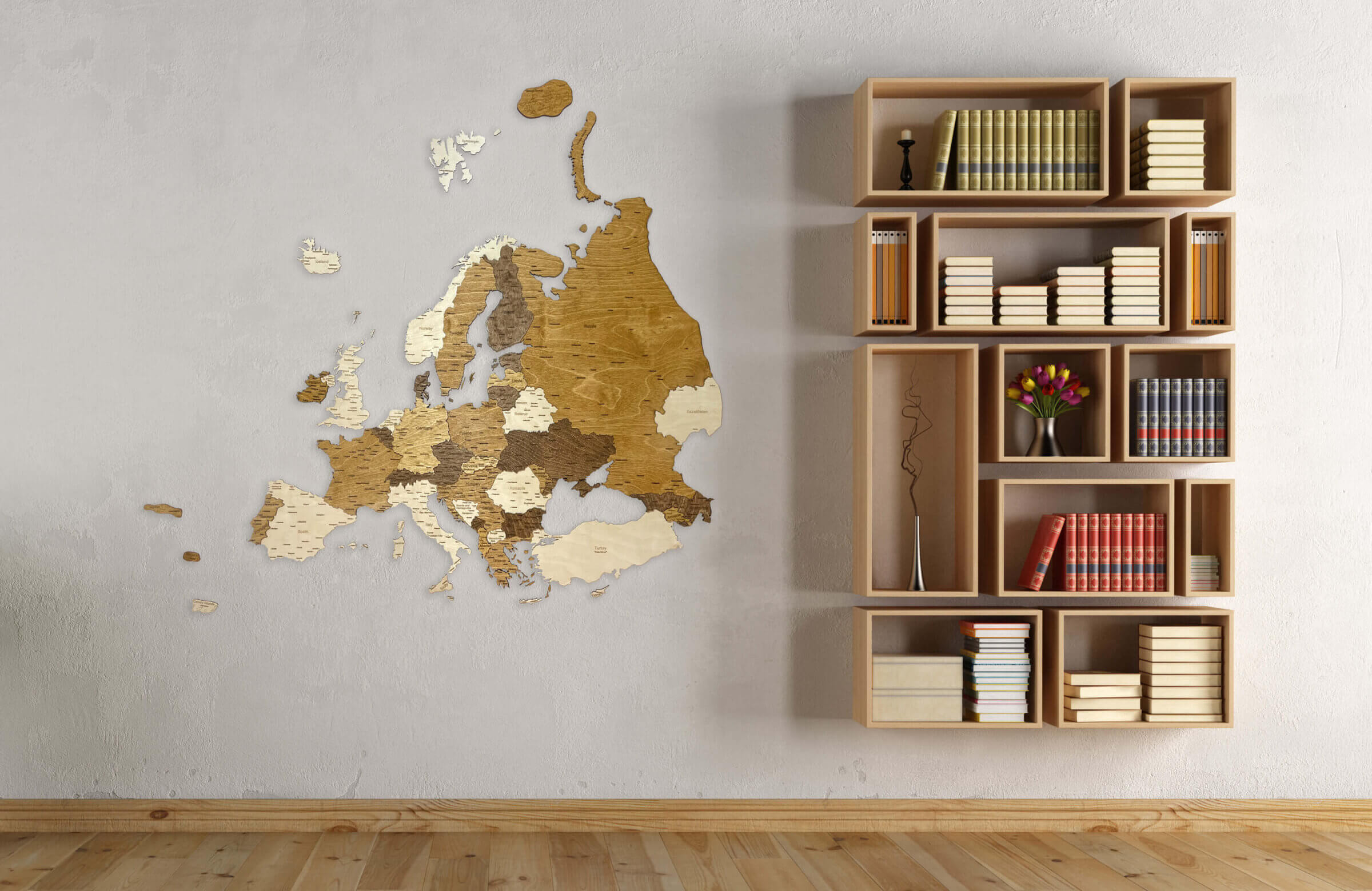 3D drevená mapa Európy - nástenná dekorácia