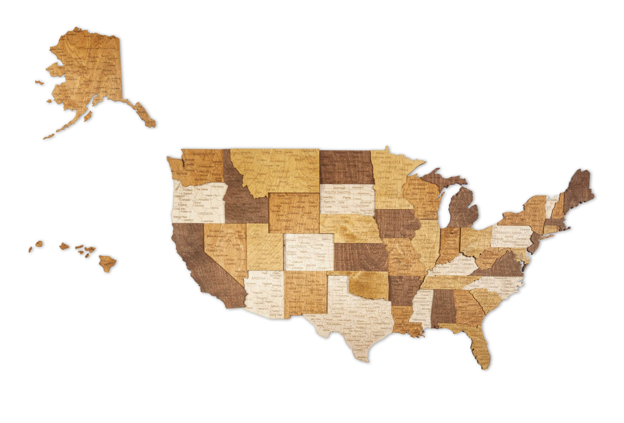 3D drevená mapa Spojených štátov amerických