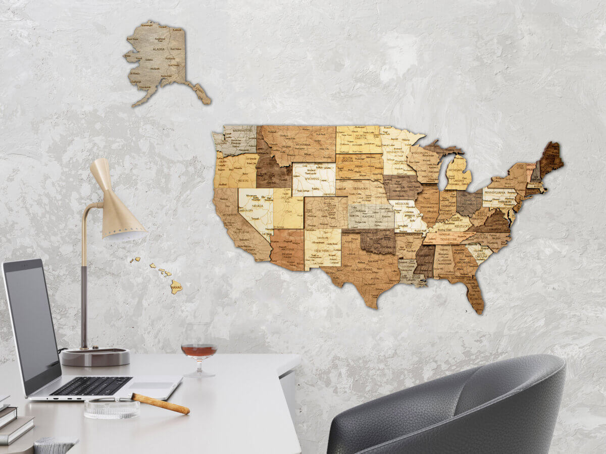 Drevená 3D mapa USA