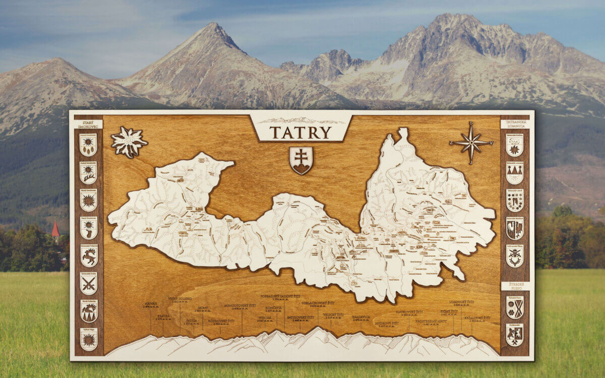 Tatry drevená mapa - obraz Tatier v ráme